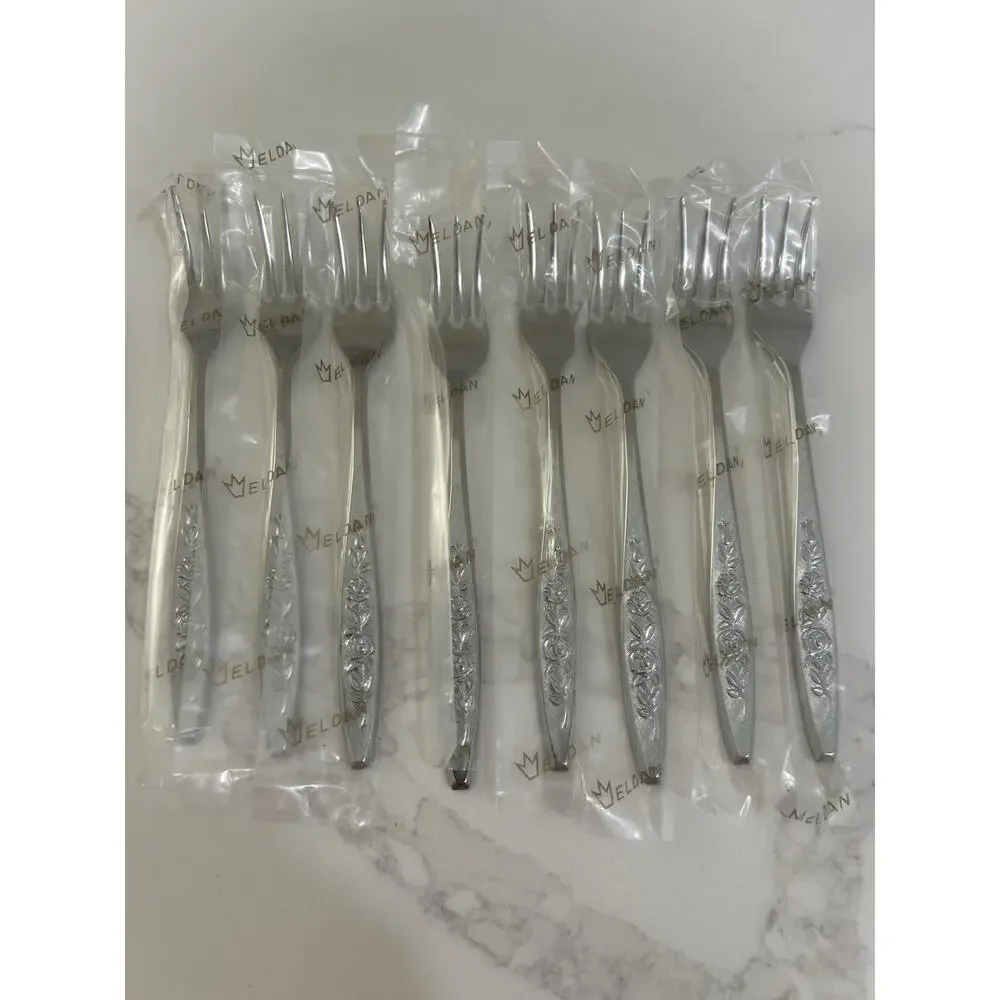 NEW Eldan ELD18 Set Of 8 Seafood Forks MAY ROSE Textured Roses Stainless Vtg MCM